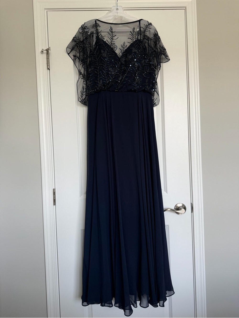 Christina Wu Navy Beaded Sheer Overlay Maxi Dress
